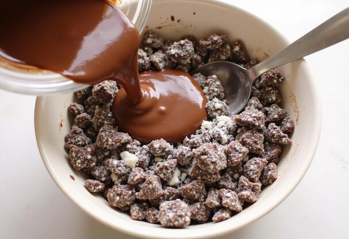 Mixing crushed cookies and melted chocolate for a delicious chocolate ball candy filling.