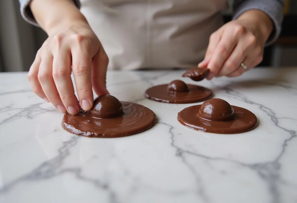 Shaping chocolate mixture into round divine chocolate orbs for candy making.