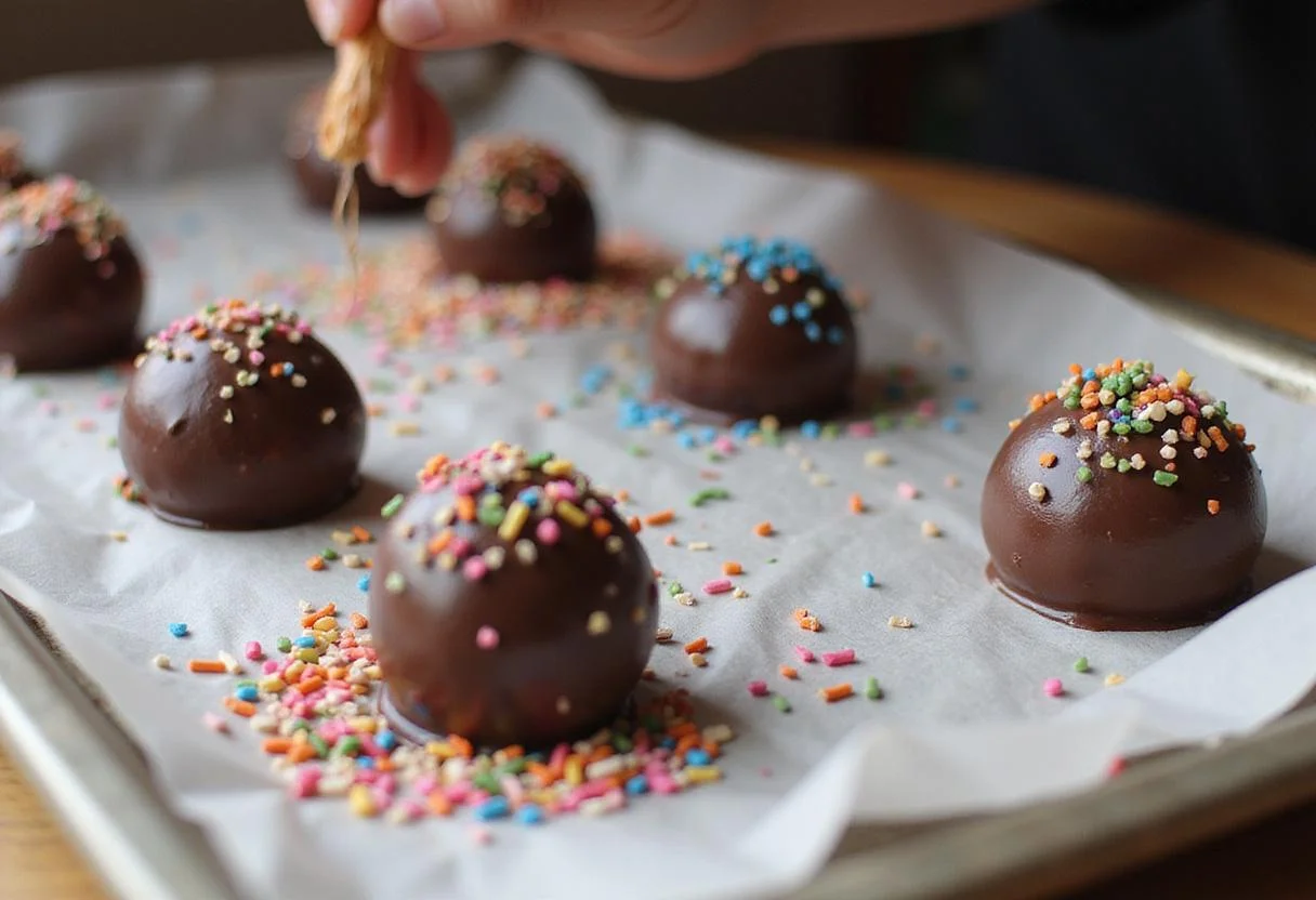 Rolling chocolate orbs in sprinkles for decorative finishing of chocolate ball candy.