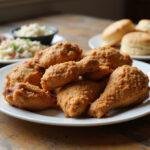 Final presentation of Royal Farms crispy chicken on a rustic table, showcasing the complete meal with sides, highlighting the deliciousness of the fried chicken.