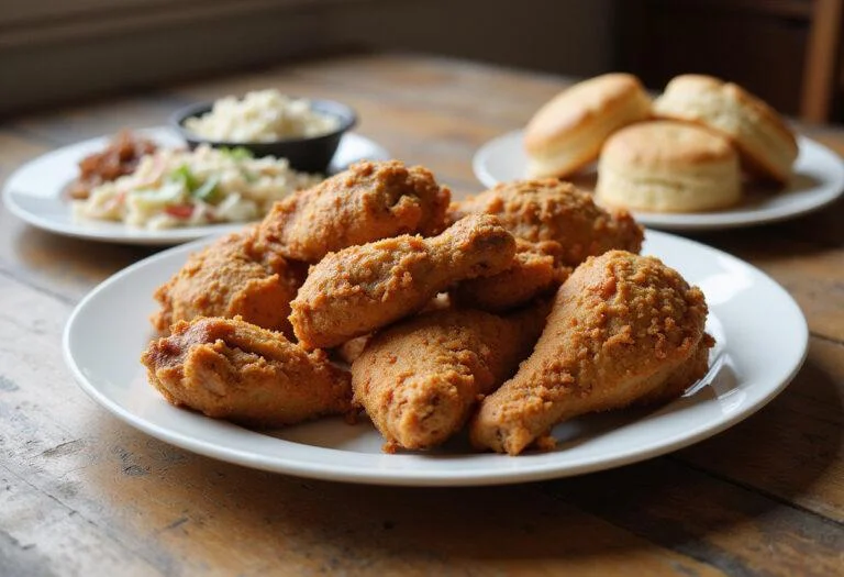 Final presentation of Royal Farms crispy chicken on a rustic table, showcasing the complete meal with sides, highlighting the deliciousness of the fried chicken.