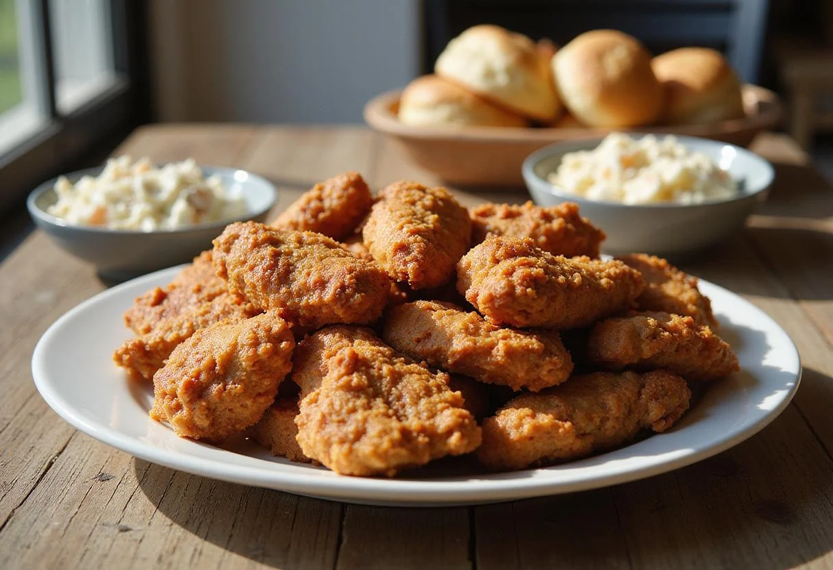 Final presentation of Royal Farms crispy chicken on a rustic table, showcasing the complete meal with sides, highlighting the deliciousness of the fried chicken.