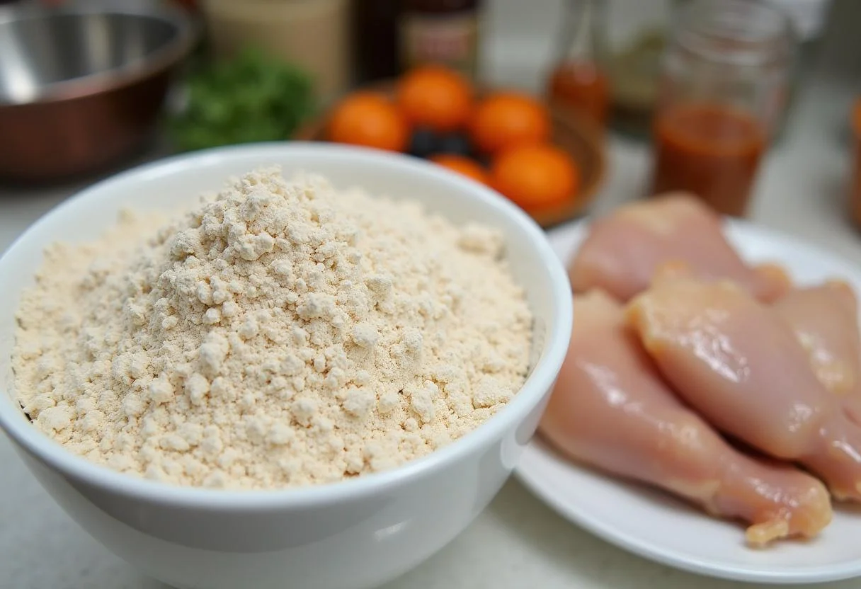 Preparation of Royal Farms chicken with seasoned flour and raw chicken pieces, highlighting the steps for crispy fried chicken.