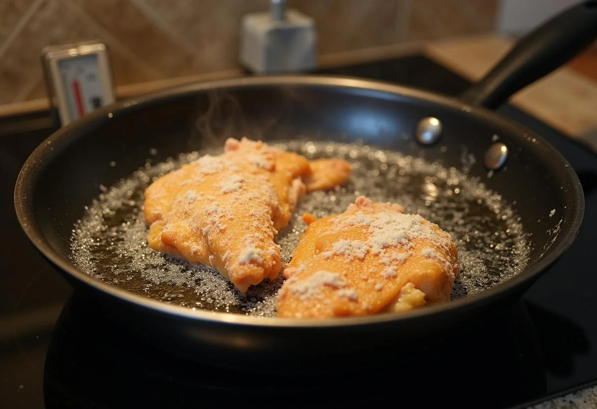 Cooking Royal Farms chicken in hot oil, showcasing the frying process for achieving crispy chicken perfection.