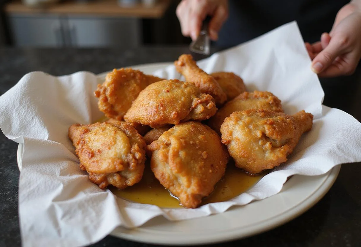 Draining Royal Farms chicken on paper towels after frying, capturing the crispy and golden texture of the chicken.