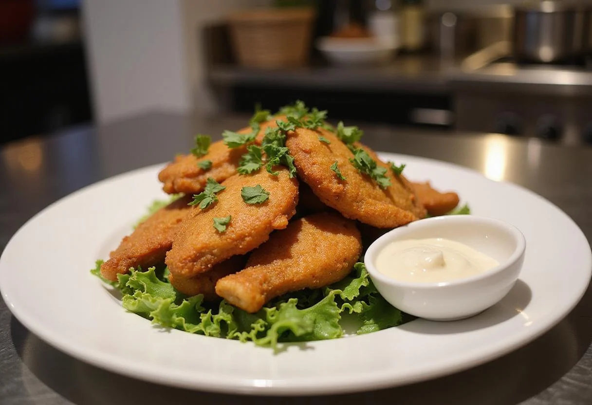 Plating the crispy Royal Farms chicken garnished with fresh herbs, ready to be served with dipping sauce for a delicious meal.