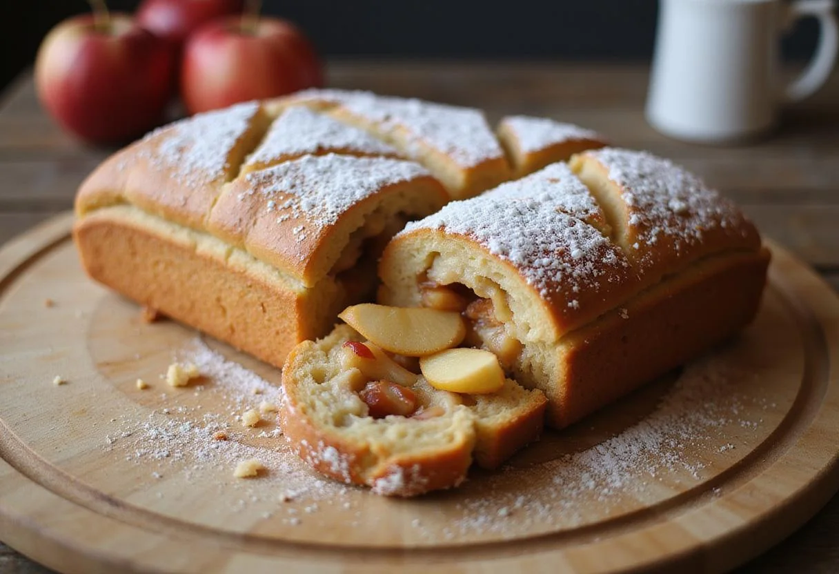 Deliciously sliced rustic apple fritter loaf on a wooden board, showcasing its fluffy texture and apple filling in a country kitchen setting.