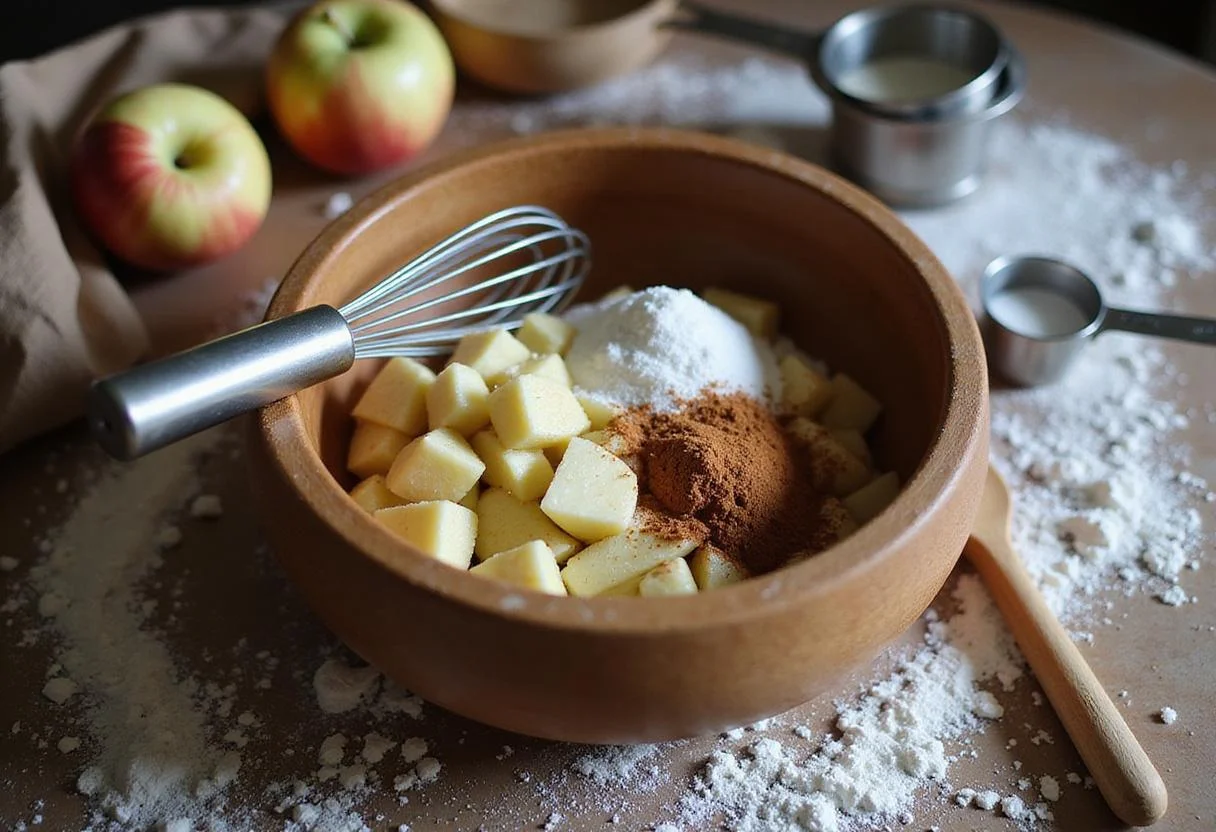 Preparing rustic apple fritter bread by mixing diced apples with cinnamon and sugar in a cozy kitchen setting.