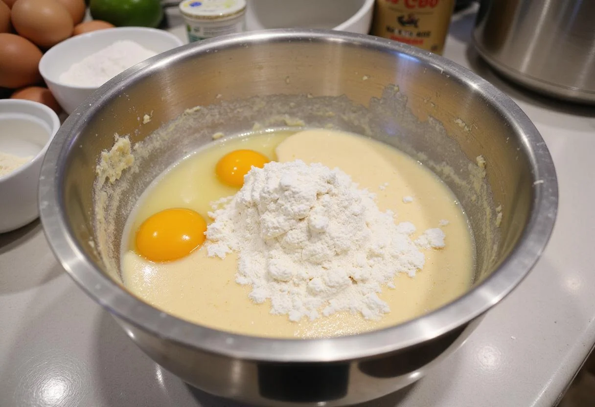 Creating a delicious batter for country apple fritter bread with flour and eggs on a rustic kitchen countertop.