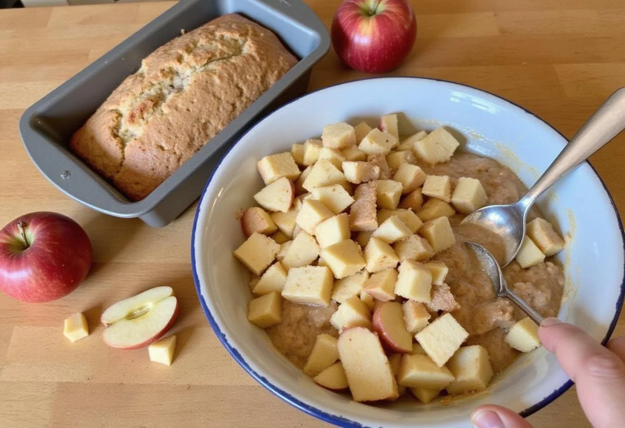 Pouring the apple-cinnamon batter into a loaf pan for baking rustic apple fritter loaf.