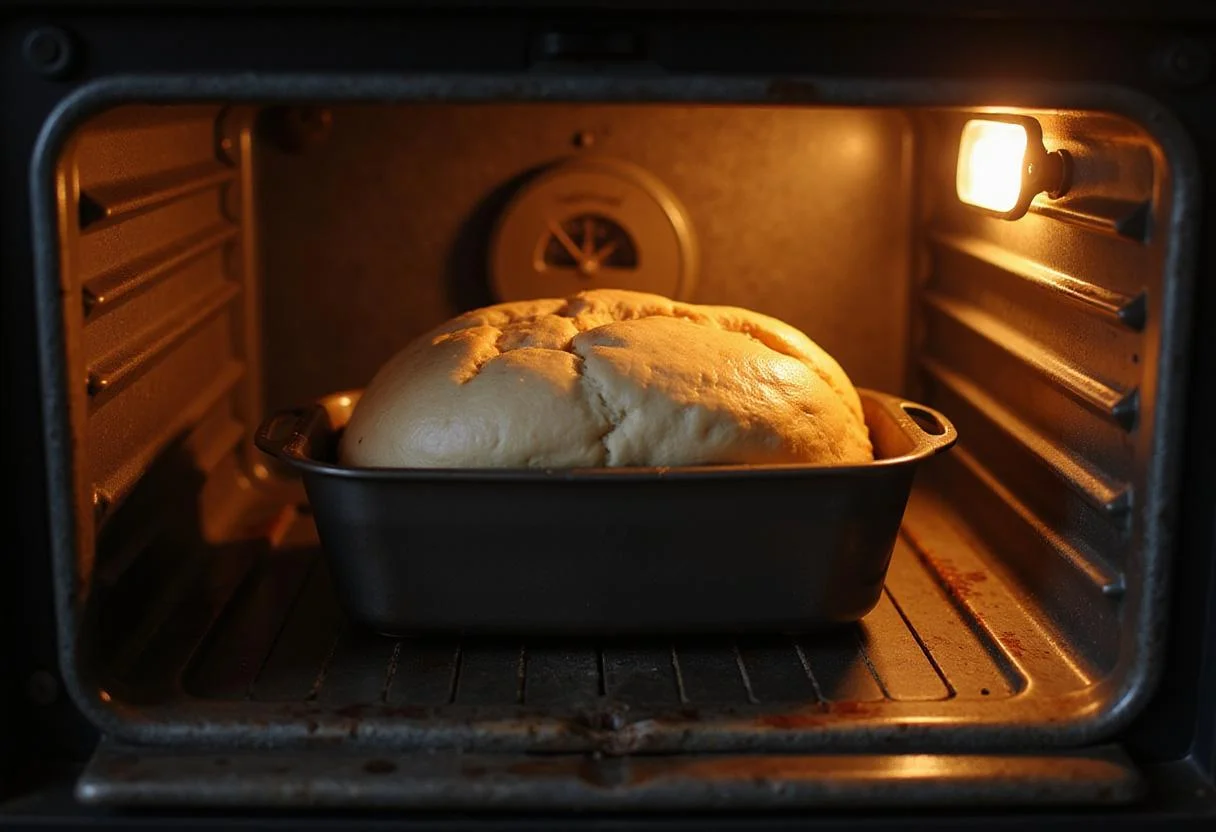 Baking country apple fritter bread in a warm oven until golden brown, showcasing the rustic bread preparation process.
