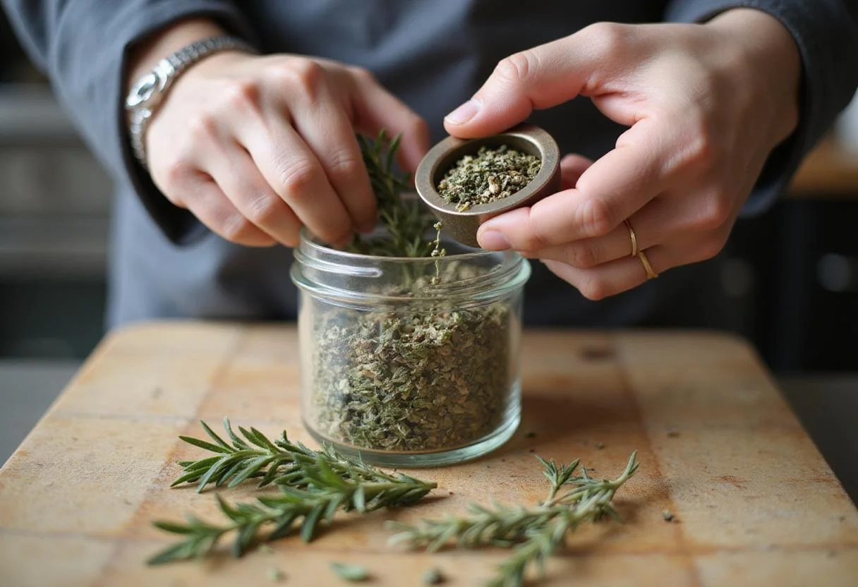 Measuring dried herbs for sage substitute, showcasing dried rosemary, thyme, and a measuring spoon on a kitchen counter.
