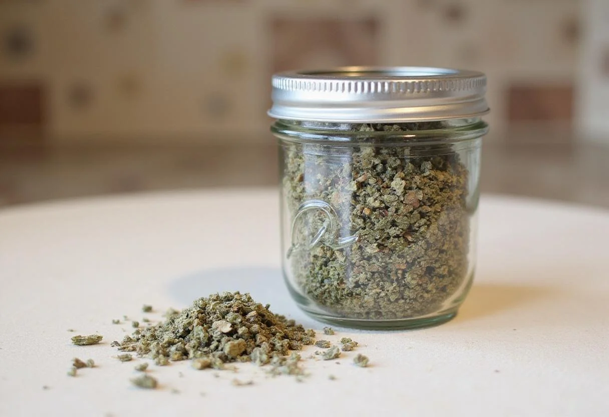 Homemade sage substitute blend in a jar, perfectly mixed with dried herbs, capturing the essence of the recipe.