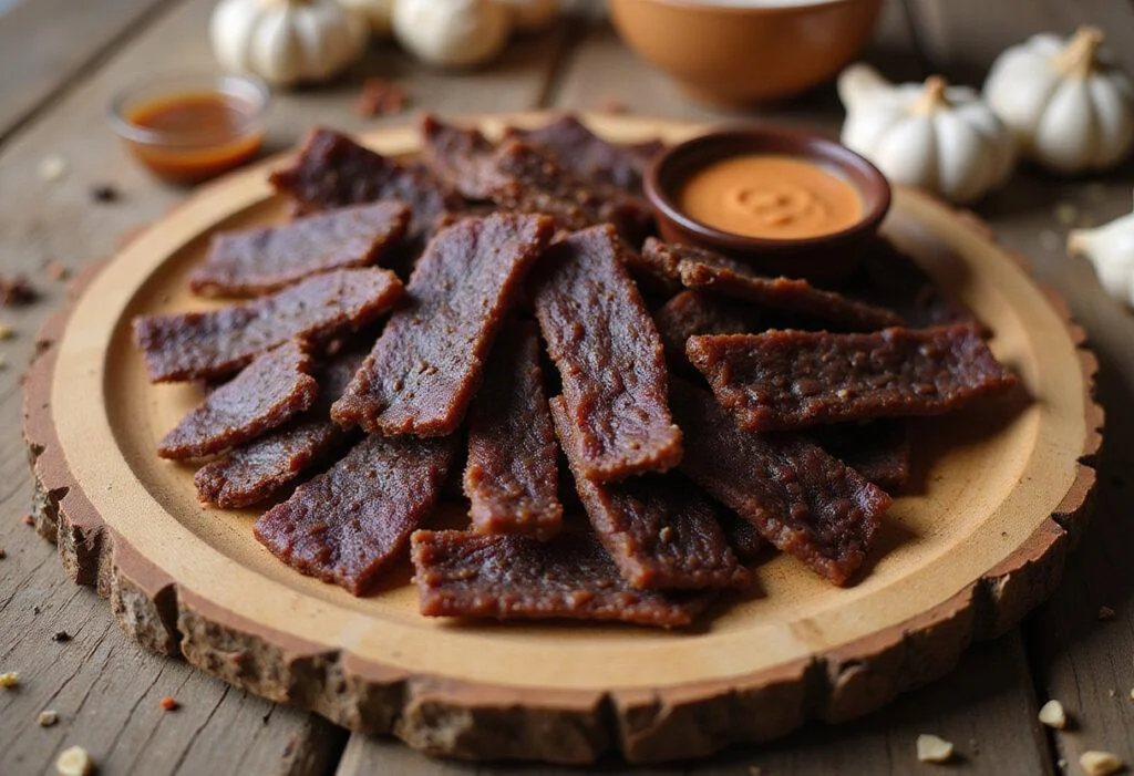 Final presentation of savory homemade beef jerky on a wooden platter, showcasing its rich color and texture, ideal for a savory snack.
