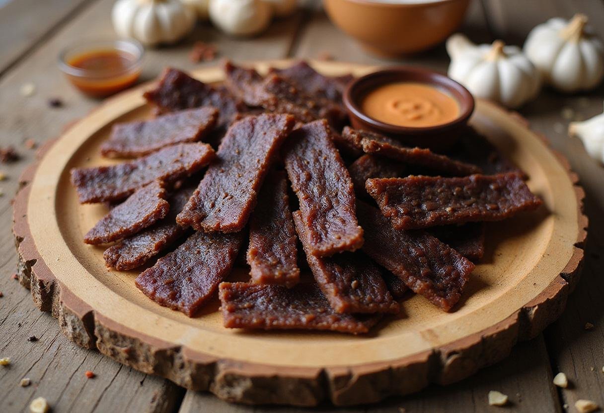 Final presentation of savory homemade beef jerky on a wooden platter, showcasing its rich color and texture, ideal for a savory snack.