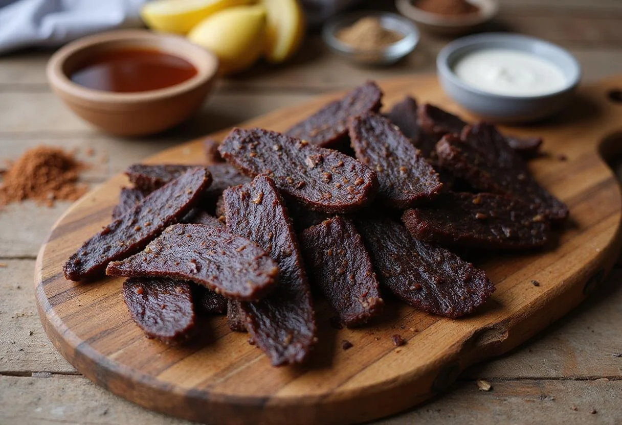 Final presentation of savory homemade beef jerky on a wooden platter, showcasing its rich color and texture, ideal for a savory snack.