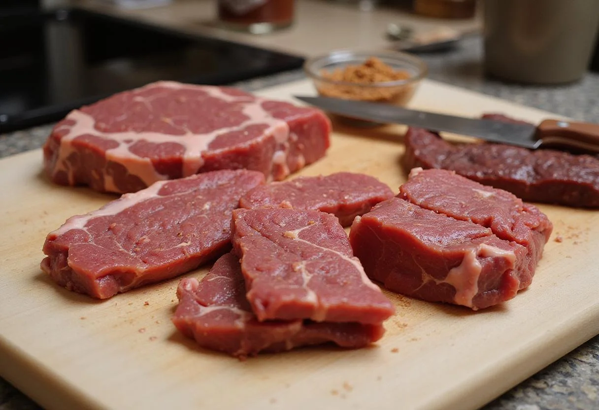 Preparing raw beef cuts for a beef jerky recipe with spices on a cutting board in a bright kitchen.