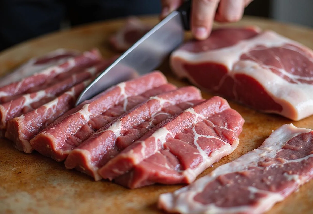 Slicing beef into thin strips for dehydrating beef jerky, highlighting the texture and grain of the meat.