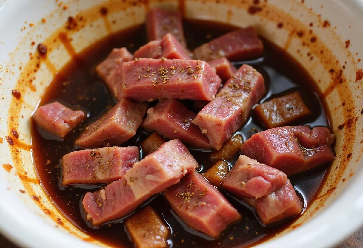 Marinating beef strips in a flavorful mix for a beef jerky recipe, emphasizing the rich colors and juicy texture.