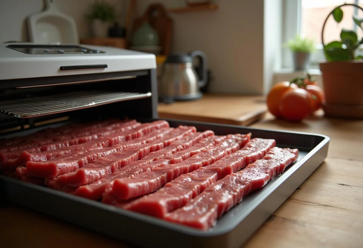 Placing marinated beef strips on a dehydrator tray for making homemade beef jerky in a warm kitchen.