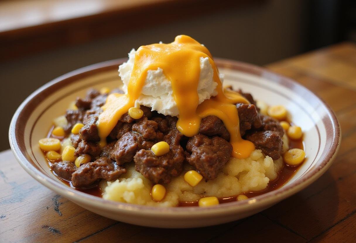 Delicious savory hot beef sundae bowl with mashed potatoes and toppings served in a warm kitchen.