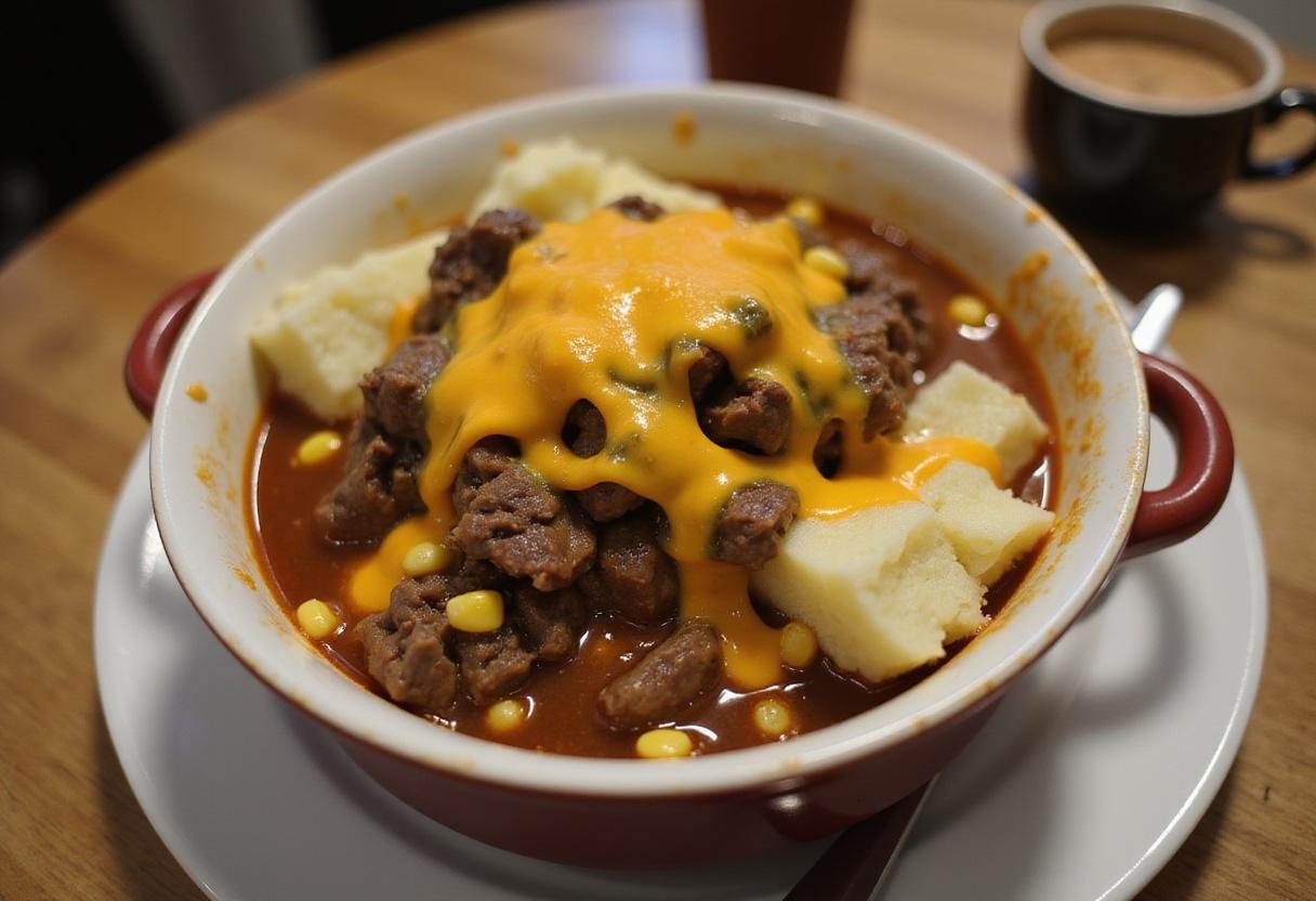 Delicious savory hot beef sundae bowl with mashed potatoes and toppings served in a warm kitchen.