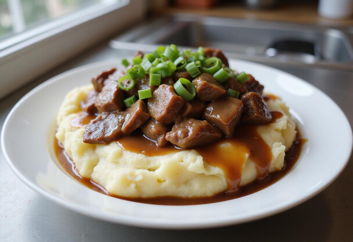 Savory hot beef sundae bowl step with mashed potatoes and beef in a vibrant kitchen.