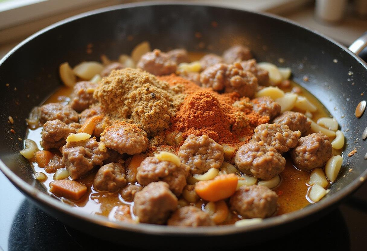 Ground beef preparation for hot beef sundae in a skillet with aromatic spices on a stovetop.