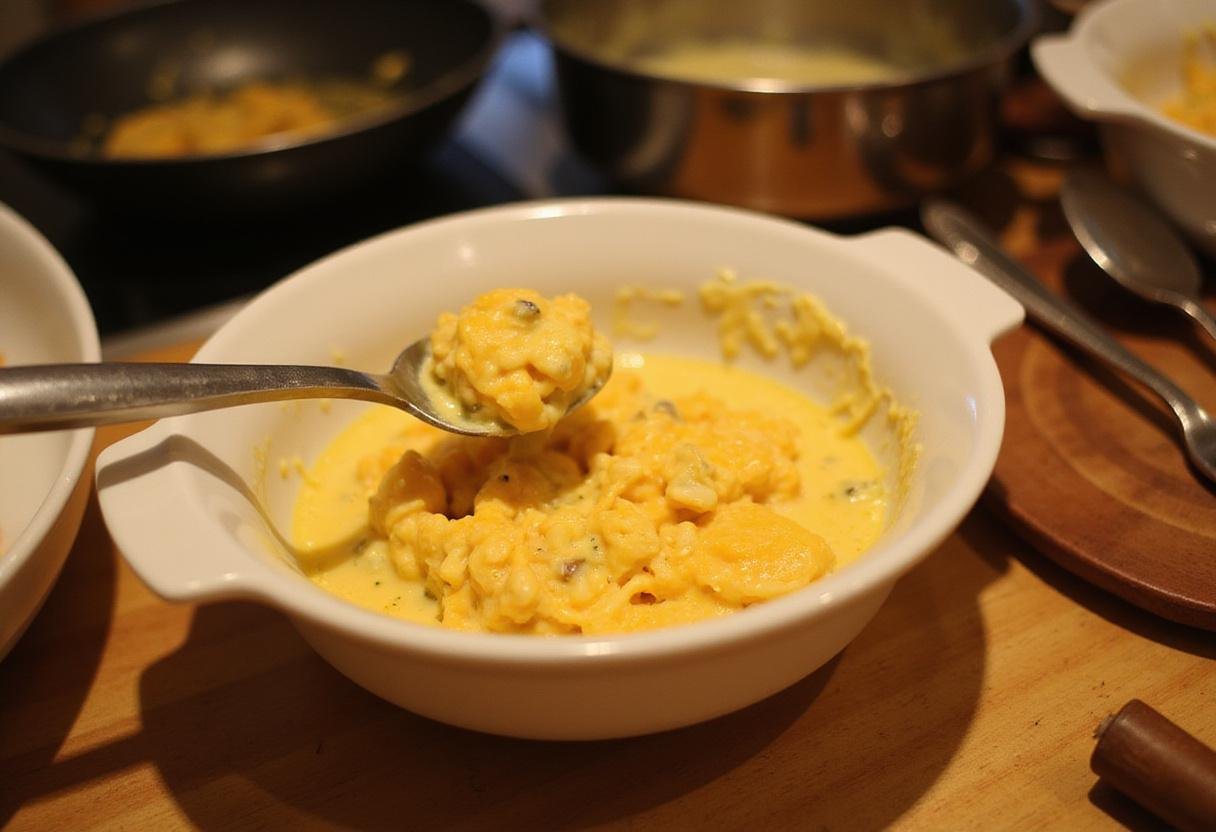 Creamy corn preparation for savory hot beef sundae bowl with melted cheese on a wooden countertop.