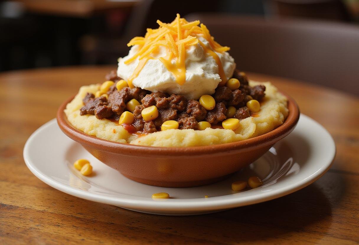 Final assembly of a savory hot beef sundae bowl showcasing layers of ingredients on a dining table.