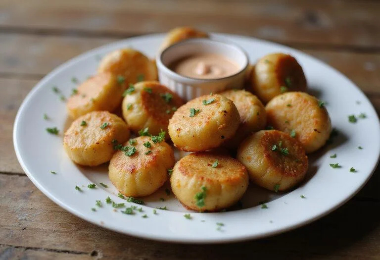 Delicious golden potato bites served with dipping sauce, perfect for any gathering or snack time.