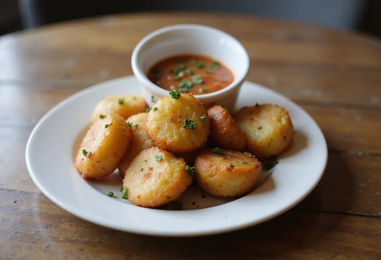 Delicious golden potato bites served with dipping sauce, perfect for any gathering or snack time.
