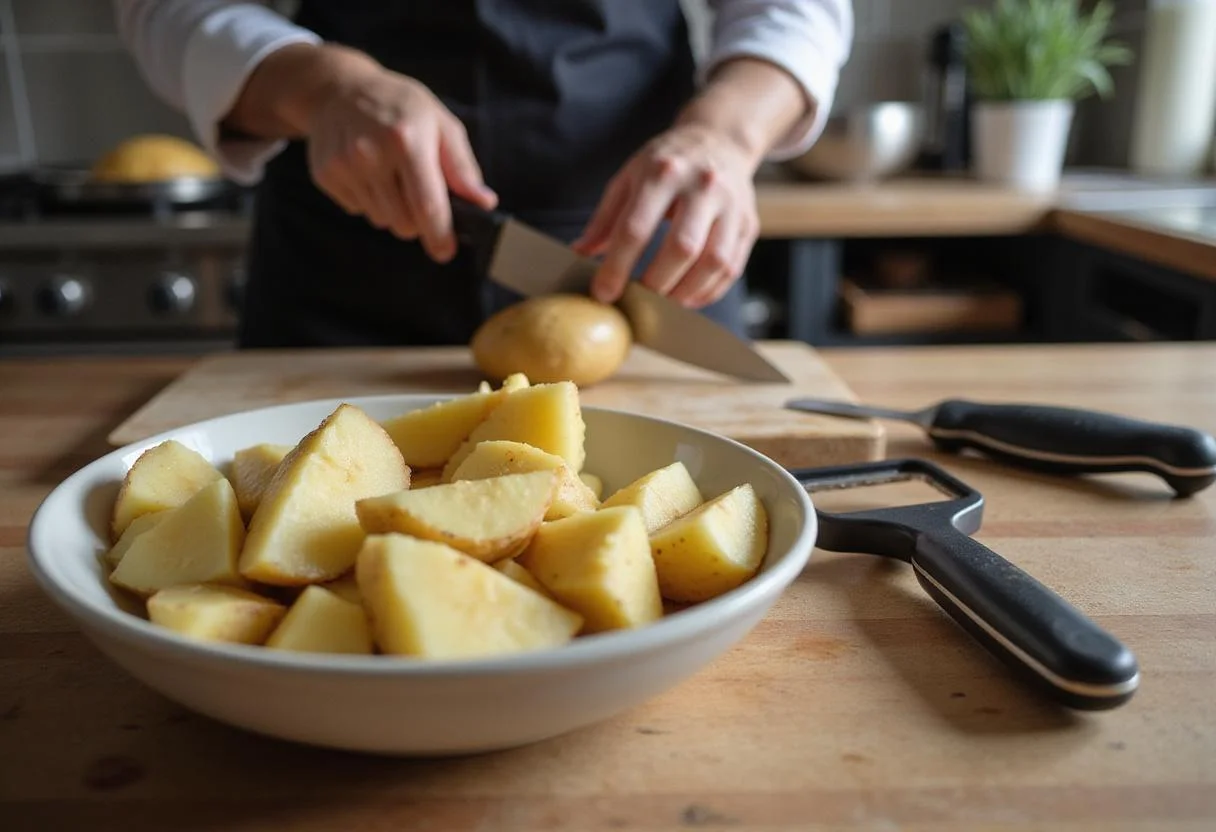 Freshly chopped potatoes prepared for savory potato bites, showcasing a chef's kitchen environment.