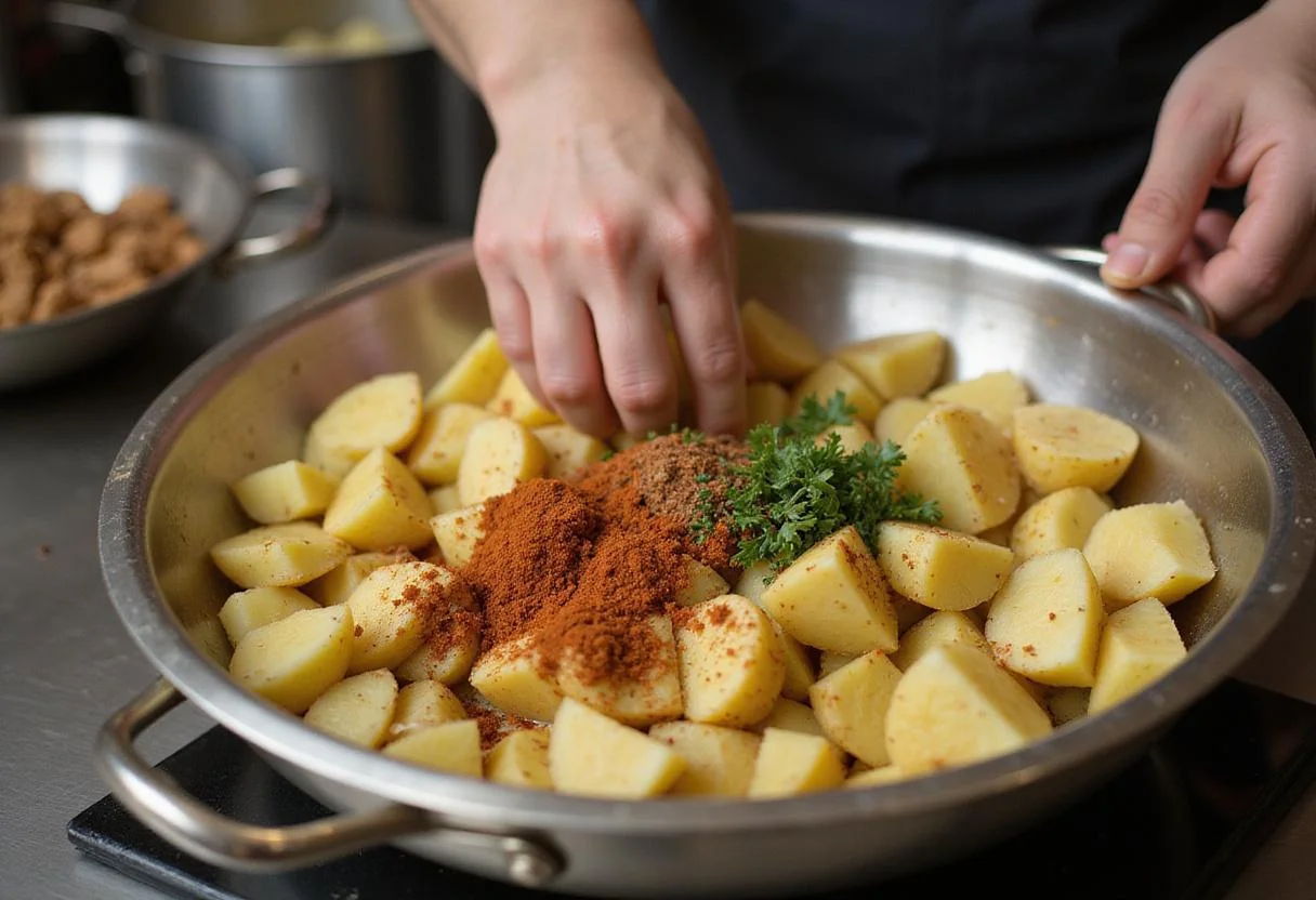 Seasoned potato mixture being prepared for savory potato bites, emphasizing the blend of flavors.
