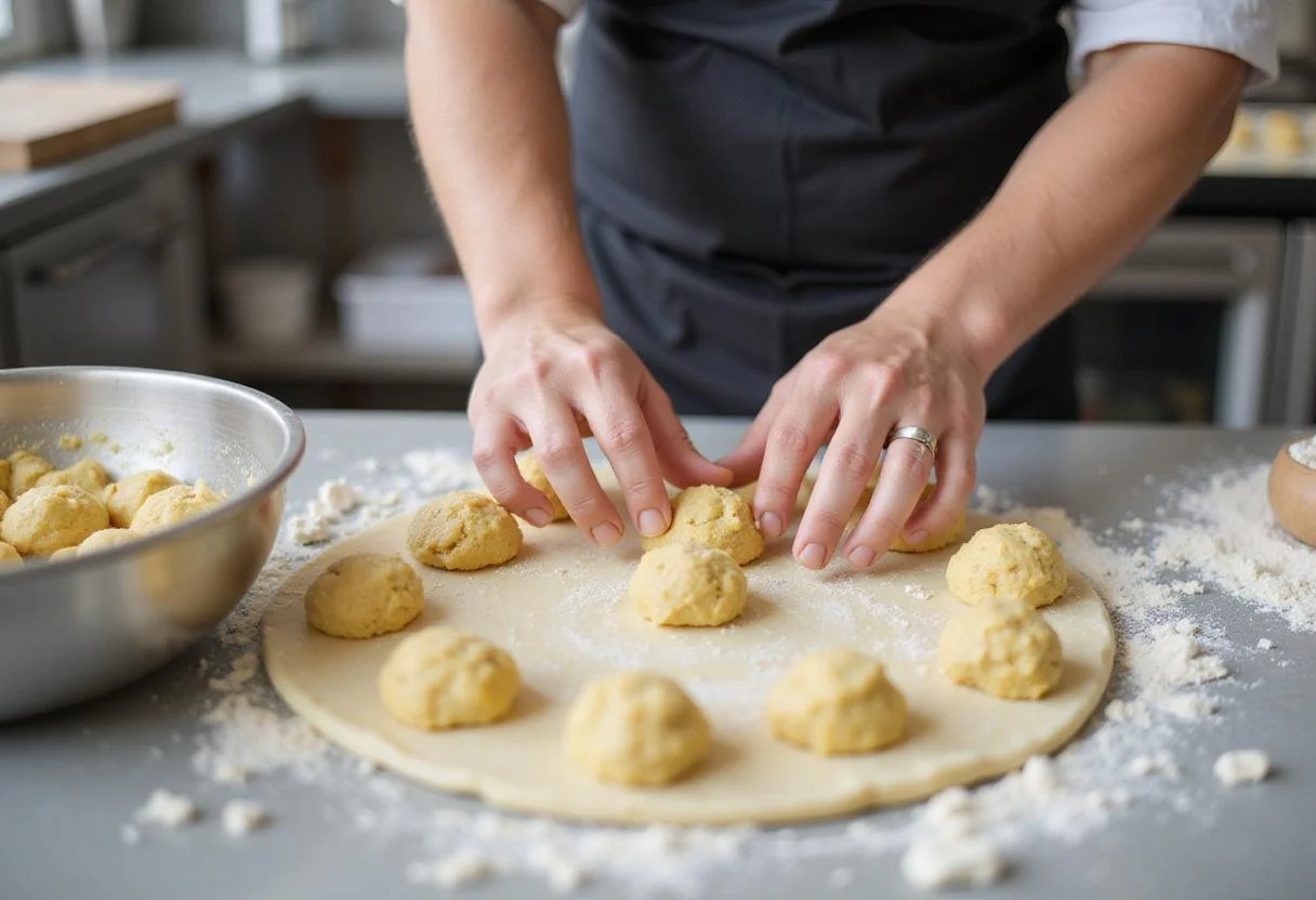 Formation of potato bites for baking, highlighting the preparation process of savory snacks.