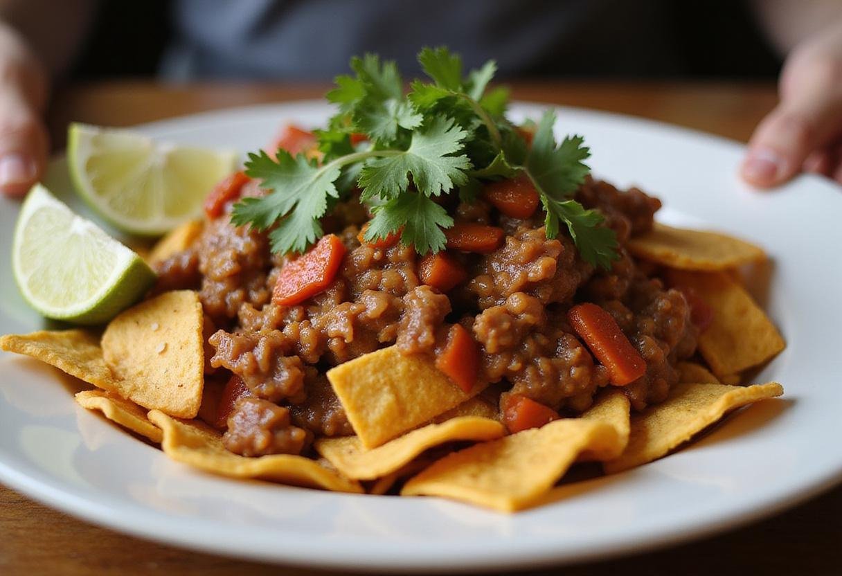 Final presentation of flavorful birria nachos garnished with fresh ingredients, ideal for a delicious meal.