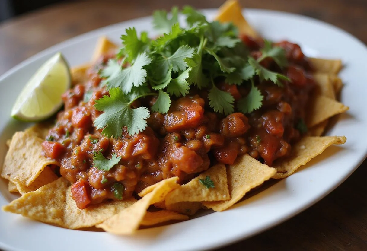 Final presentation of flavorful birria nachos garnished with fresh ingredients, ideal for a delicious meal.