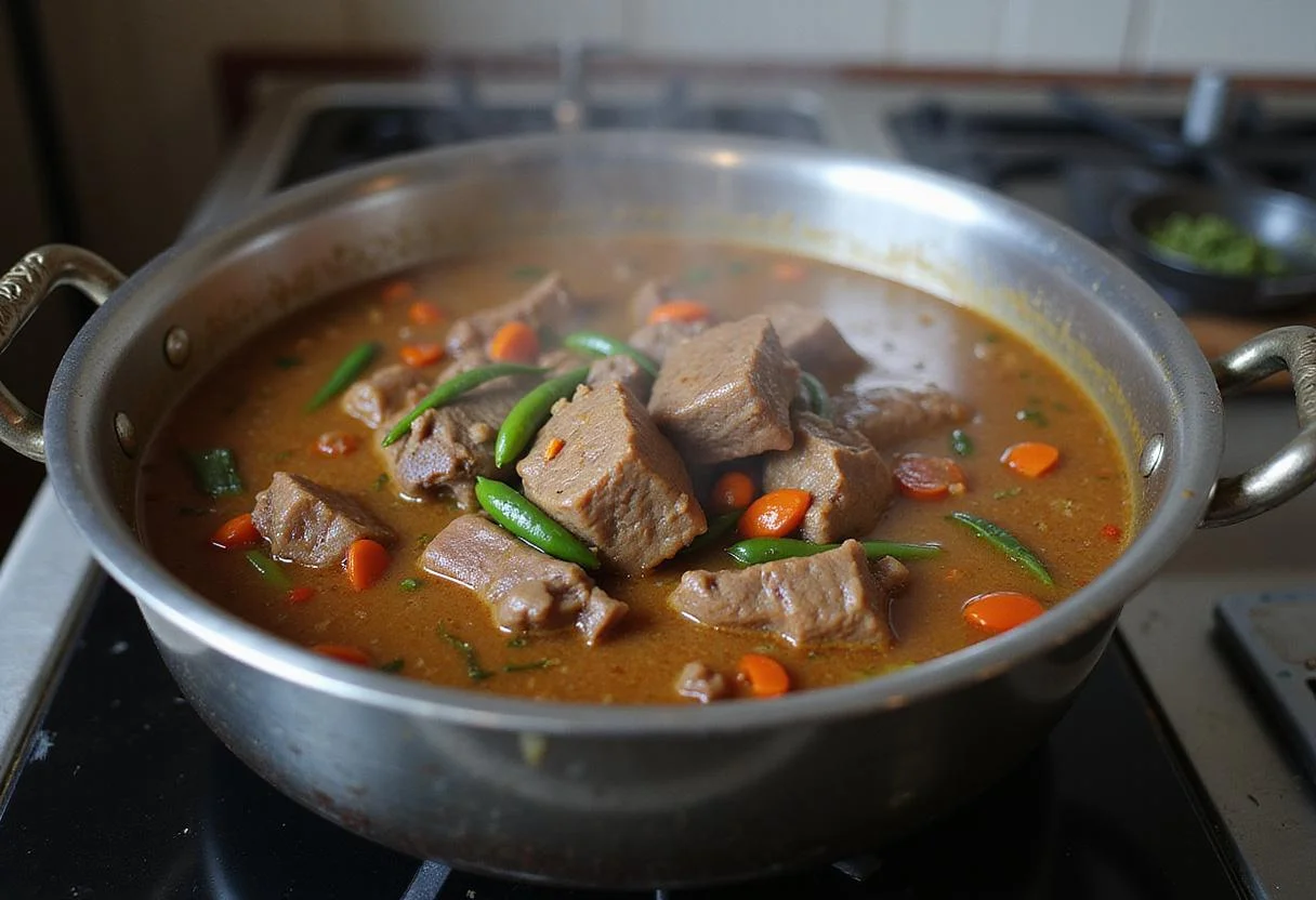Savory spices and tender beef simmering in a pot for homemade birria nachos.