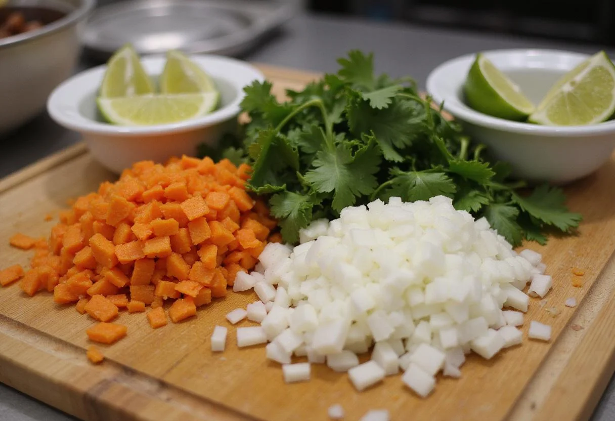 Fresh ingredients like onions and cilantro prepared for garnishing savory birria nachos.