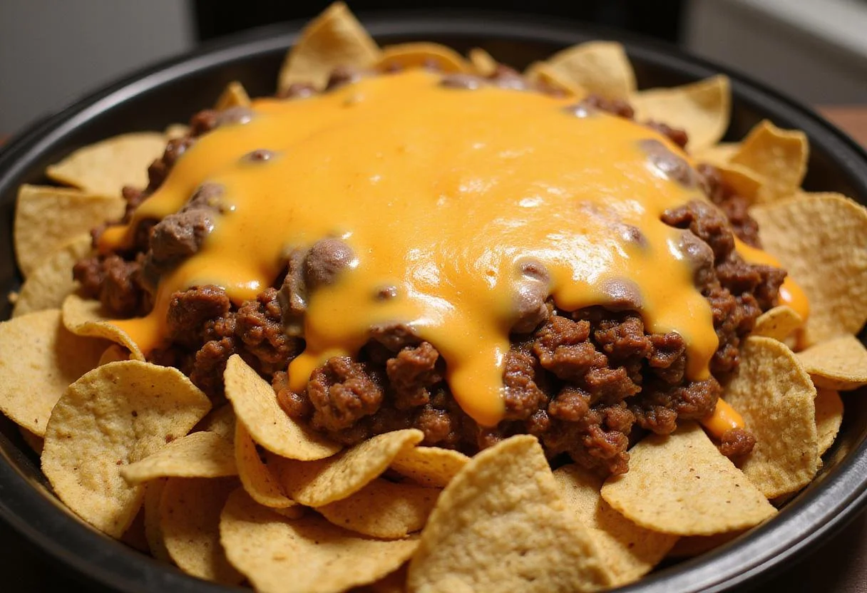 Melted cheese and savory birria meat layered over crispy tortilla chips for delicious nachos.