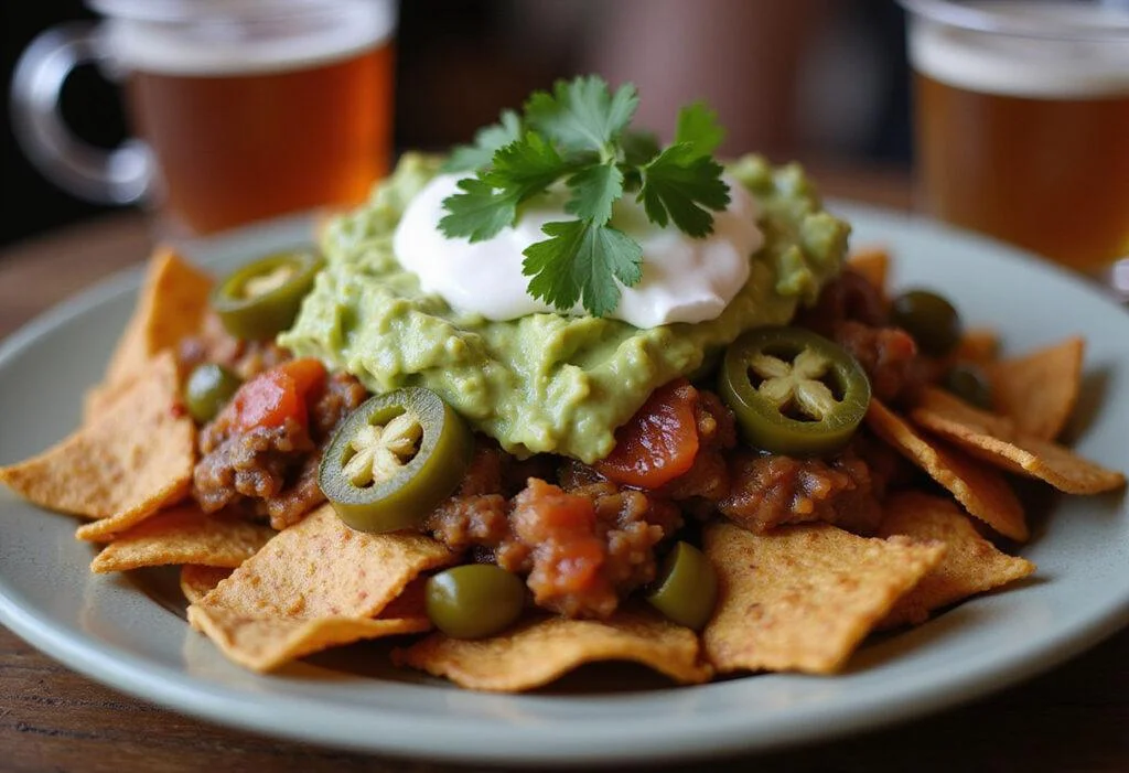 Delicious savory spicy fajita nachos served with guacamole and sour cream, showcasing vibrant colors and flavors perfect for a fiesta.