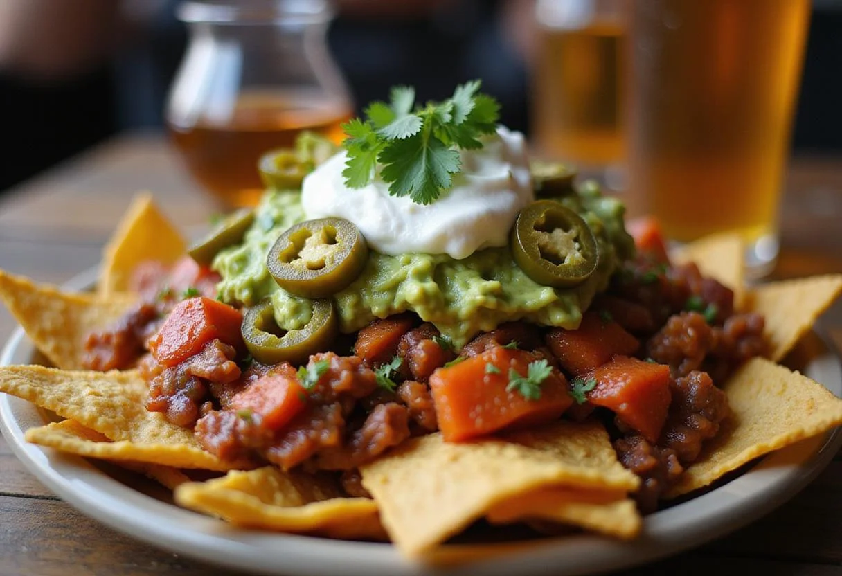 Delicious savory spicy fajita nachos served with guacamole and sour cream, showcasing vibrant colors and flavors perfect for a fiesta.