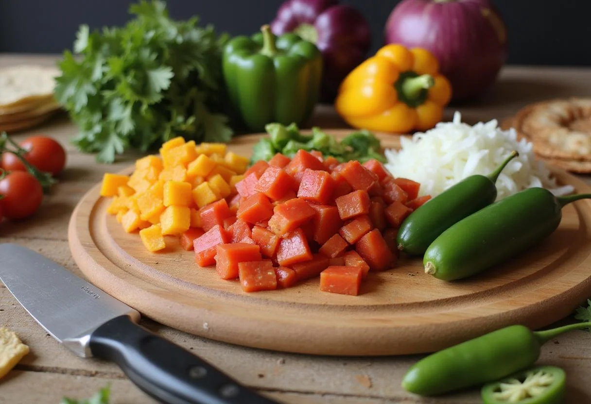 Chopping fresh vegetables for savory spicy fajita nachos, including bell peppers and onions, on a wooden cutting board.