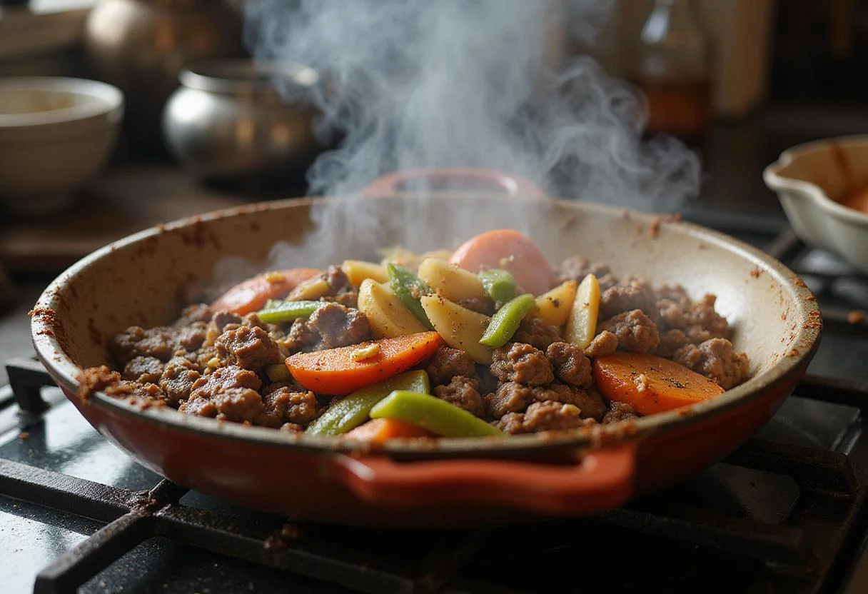 Sizzling seasoned ground beef with colorful vegetables in a skillet, creating the perfect savory filling for fajita nachos.