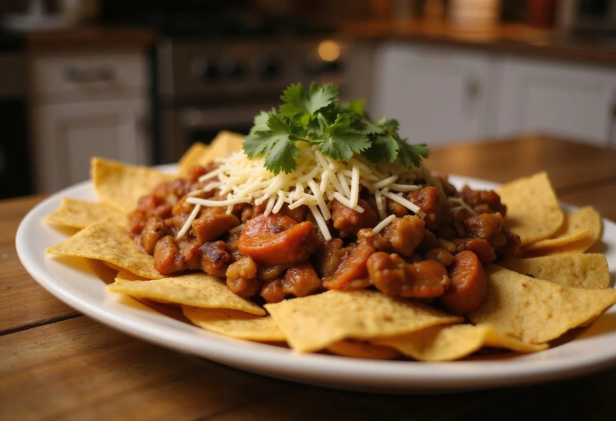 Placing fajita mixture and cheese on a platter of crispy tortilla chips, preparing savory spicy nachos for a festive gathering.