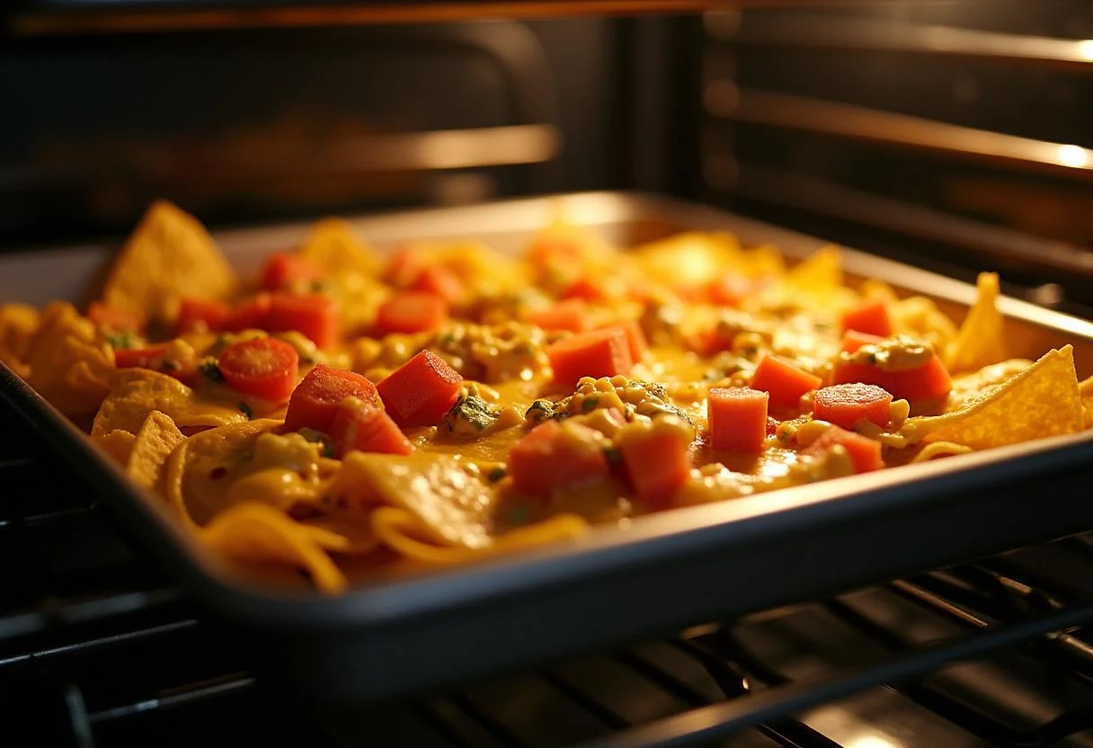 Baking tray with stacked savory spicy fajita nachos topped with melted cheese, ready to be baked for a delicious meal.