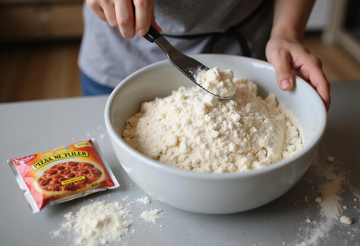 Mixing dry ingredients for Savory Supreme Hot Pocket Pizza, including flour, salt, and yeast for a perfect dough.