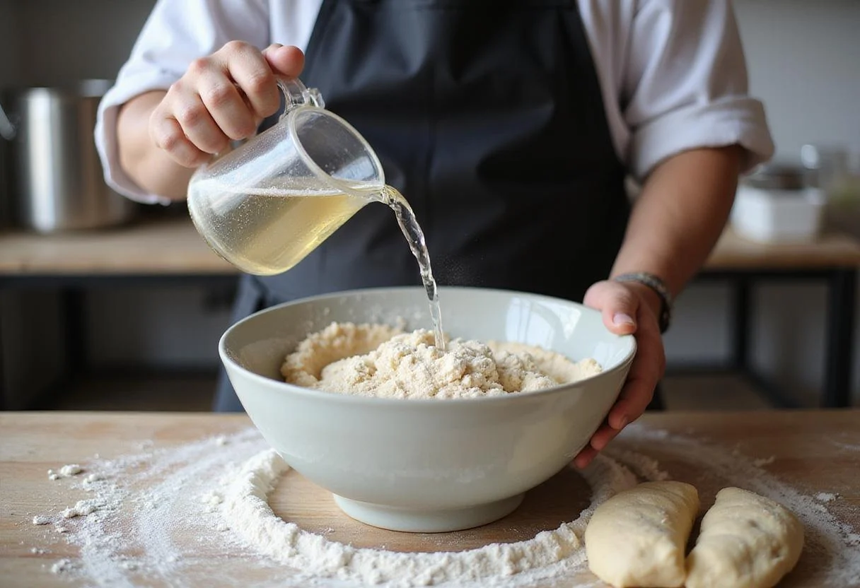 Preparing dough for Savory Supreme Hot Pocket Pizza by adding warm water to the mixture of flour and yeast.