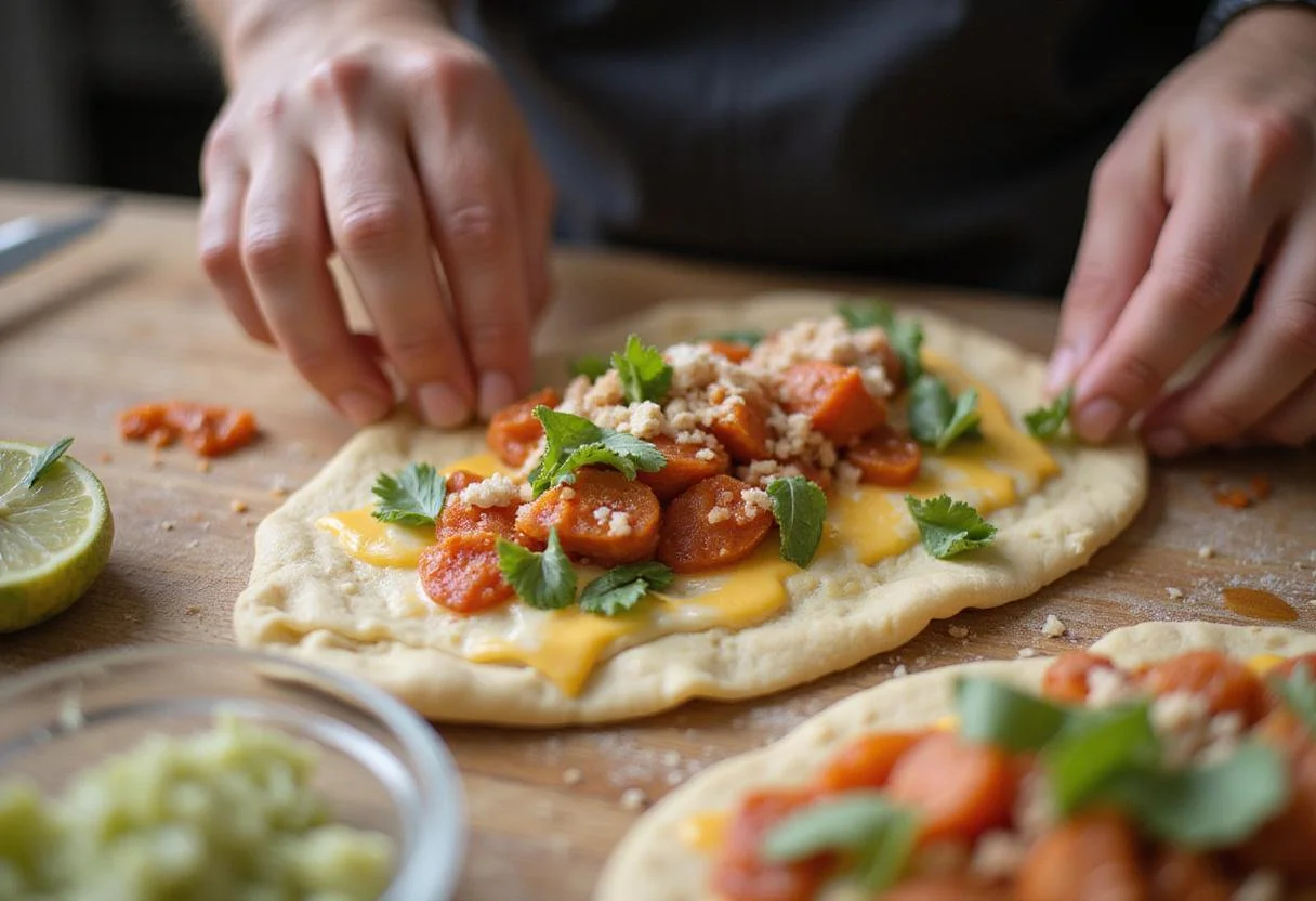 Assembling the Savory Supreme Hot Pocket Pizza with sauce, cheese, and toppings inside the folded dough.