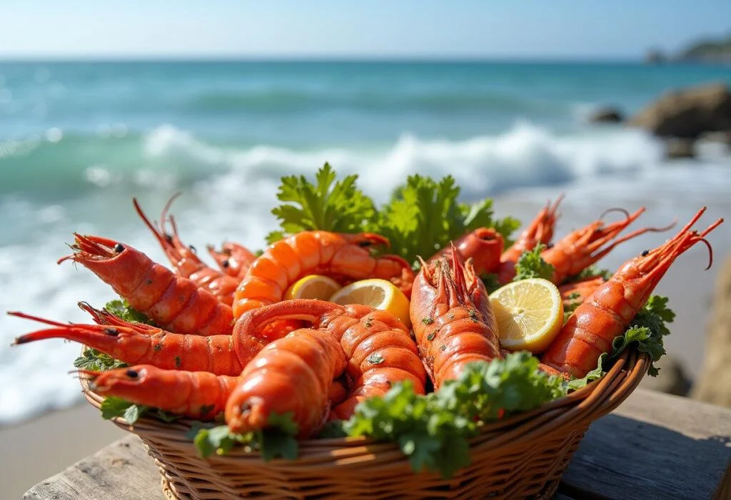 Final presentation of a seafood basket highlighting ocean freshness at a beautiful beach, ideal for seafood lovers.